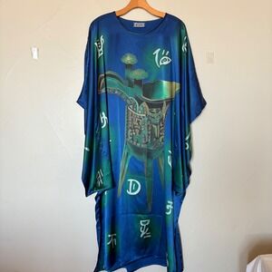Kaftan Kimono Dress‎ 100% Silk Blue Green Asian Symbols Oversized Maxi Dress